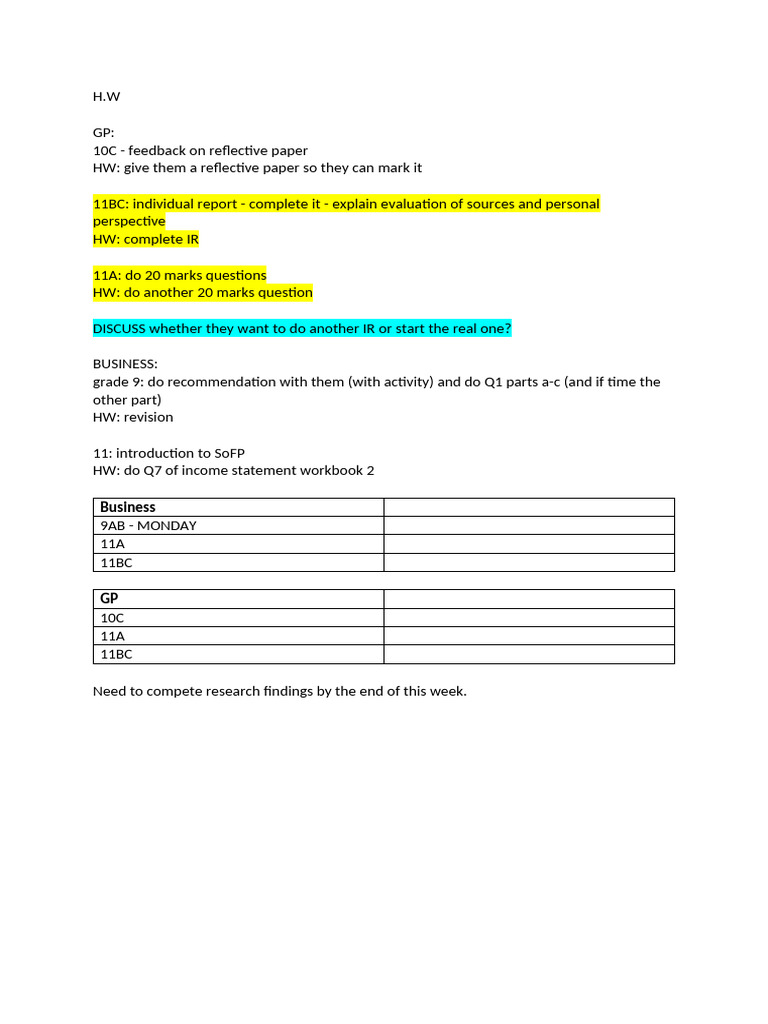 Weekly Homework and Class Assignments | PDF