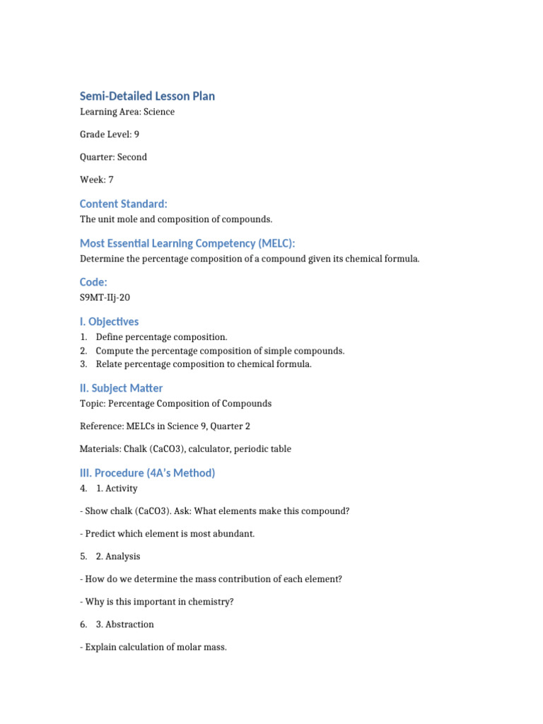 Grade 9 Science: Percentage Composition Lesson | PDF