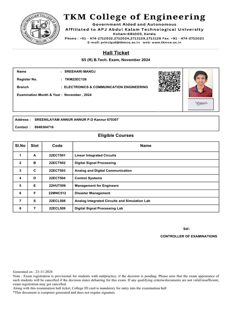 B.Tech Hall Ticket for Nov 2024 Exam | PDF