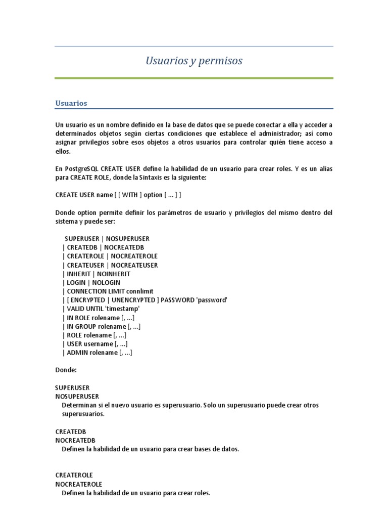 Usuarios y permisos en PostgreSQL | PDF | SQL | Contraseña