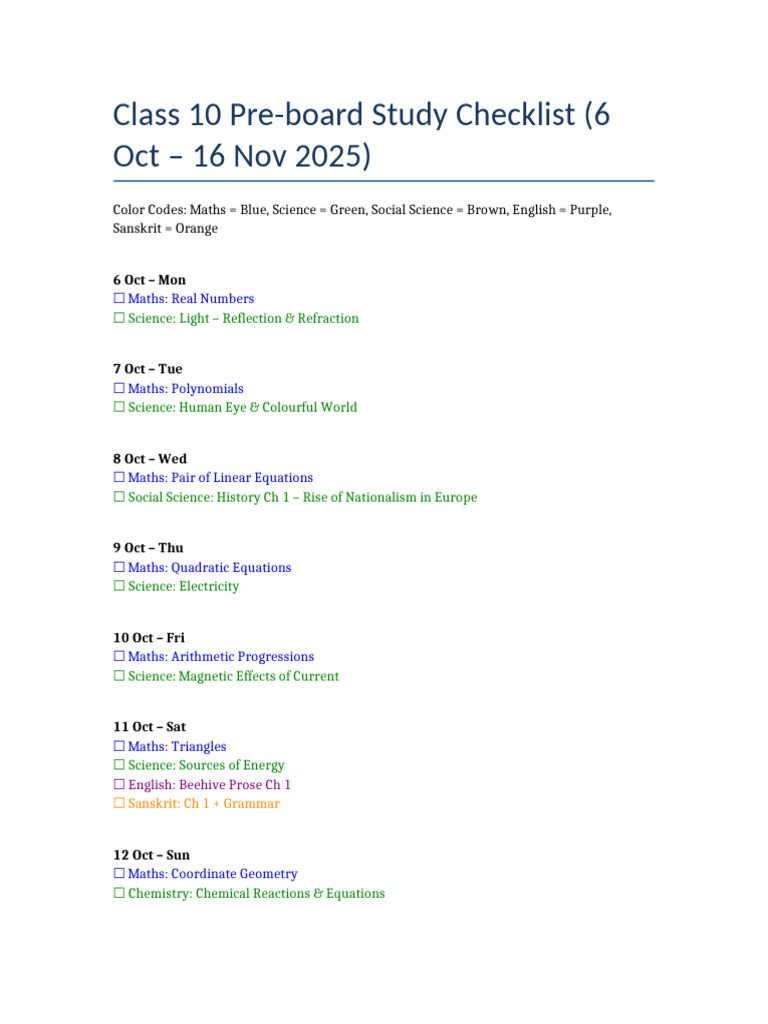 Class 10 Pre-board Study Schedule | PDF | Mathematics | Equations