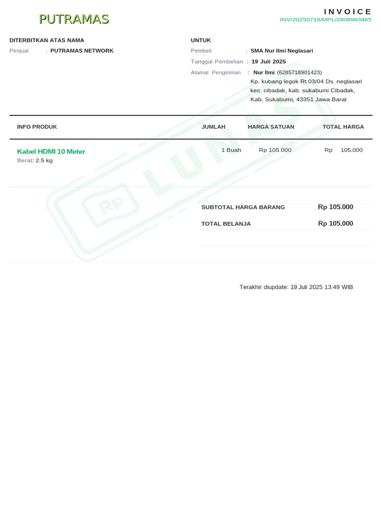 Invoice Pembelian Kabel HDMI 10m | PDF
