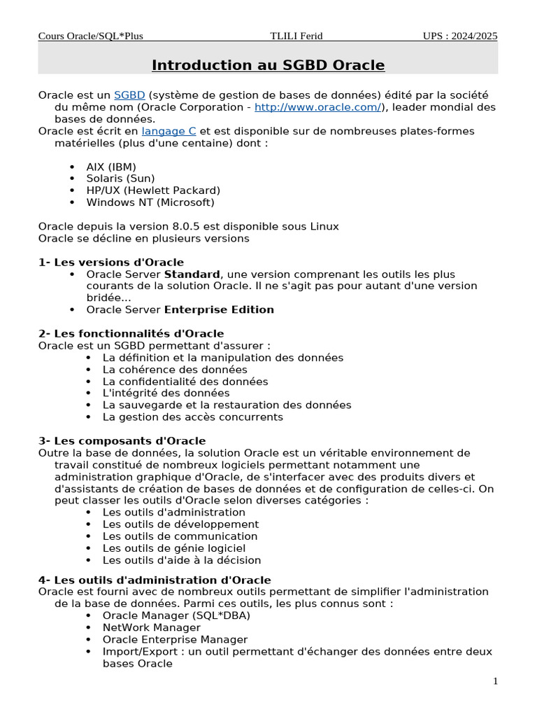 Introduction au SGBD Oracle et SQL*Plus | PDF | SQL | Bases de données