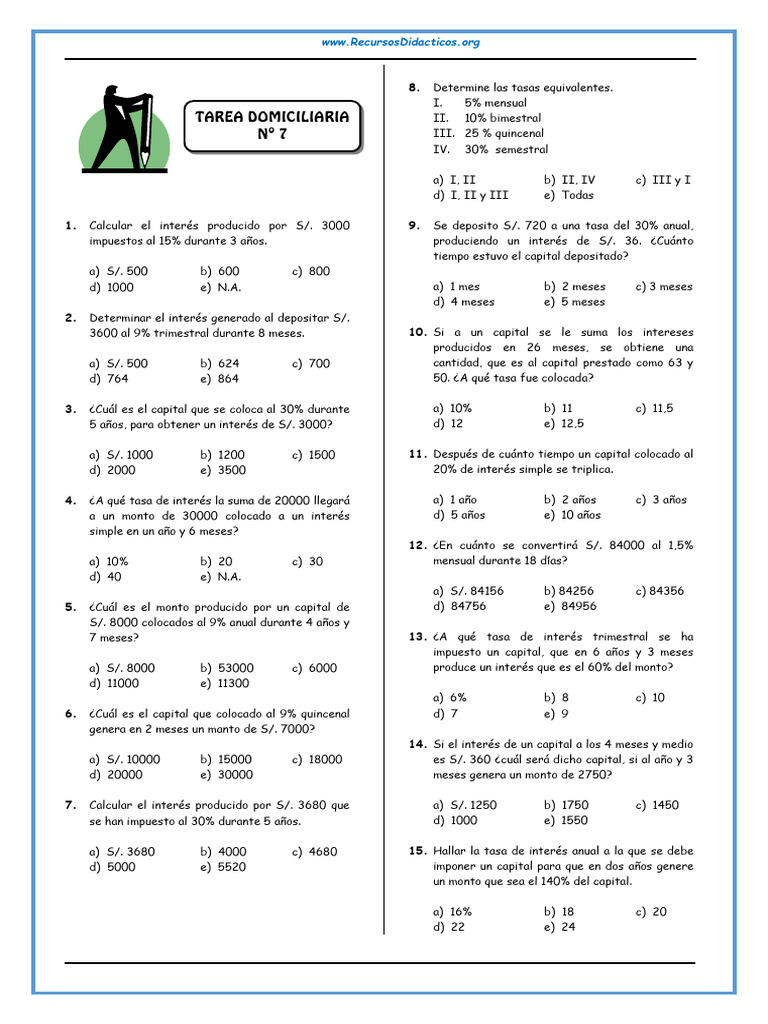 Problemas de Interes Simple para Cuarto de Secundaria 3 | PDF