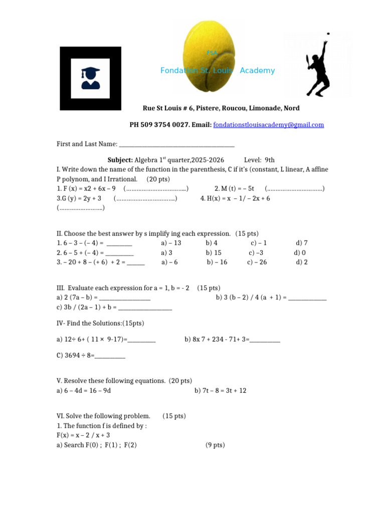 Algebra Assignment for 9th Grade | PDF