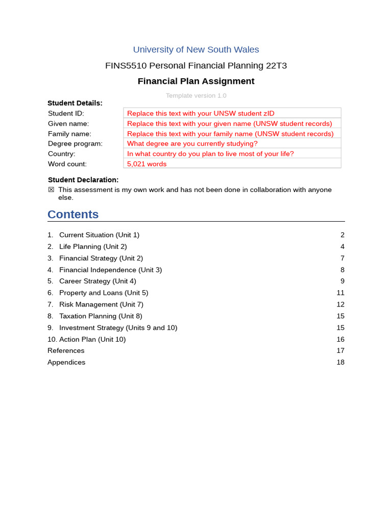 UNSW Financial Planning Assignment Template | PDF | Cost Of Living ...