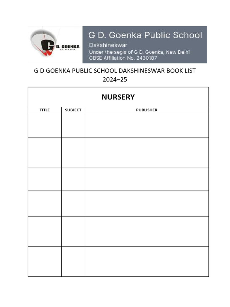 G D Goenka School Nursery Book List 2024-25 | PDF