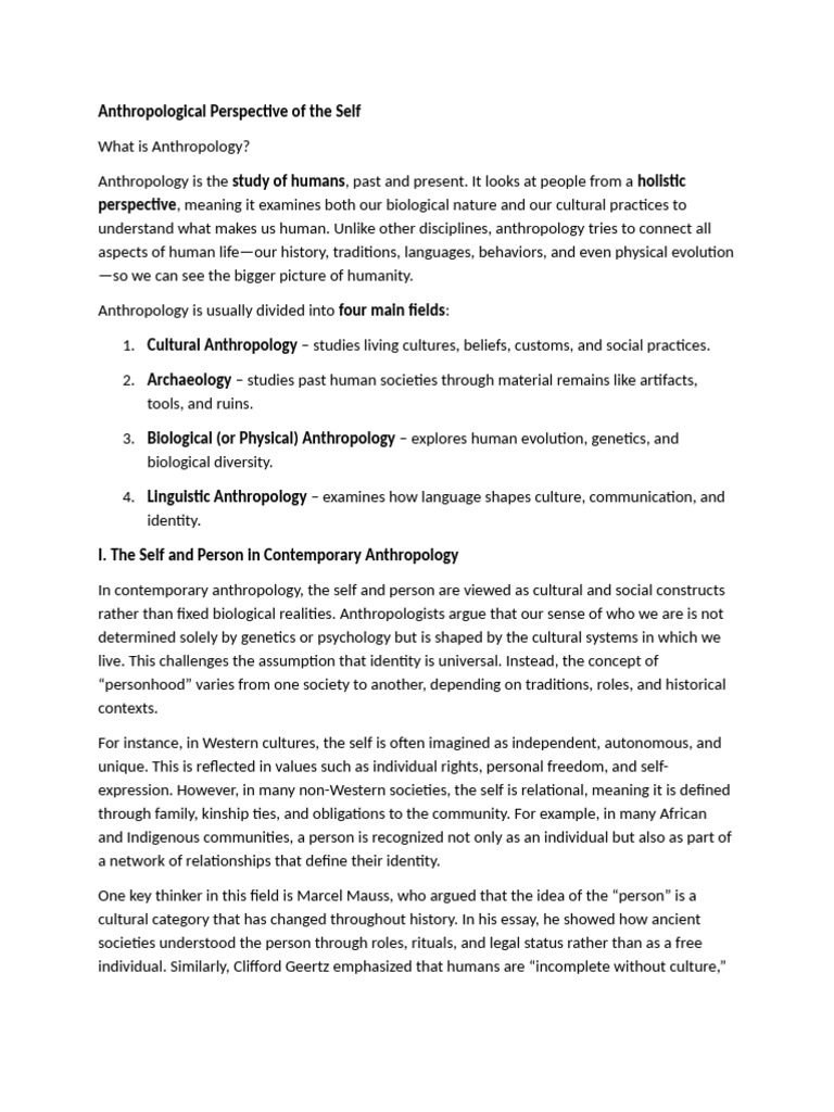 Anthropological Perspective of The Self | PDF | Anthropology | Identity ...