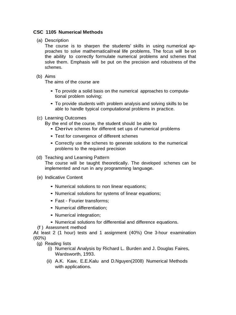 CSC 1105 Numerical Methods Course Overview | PDF