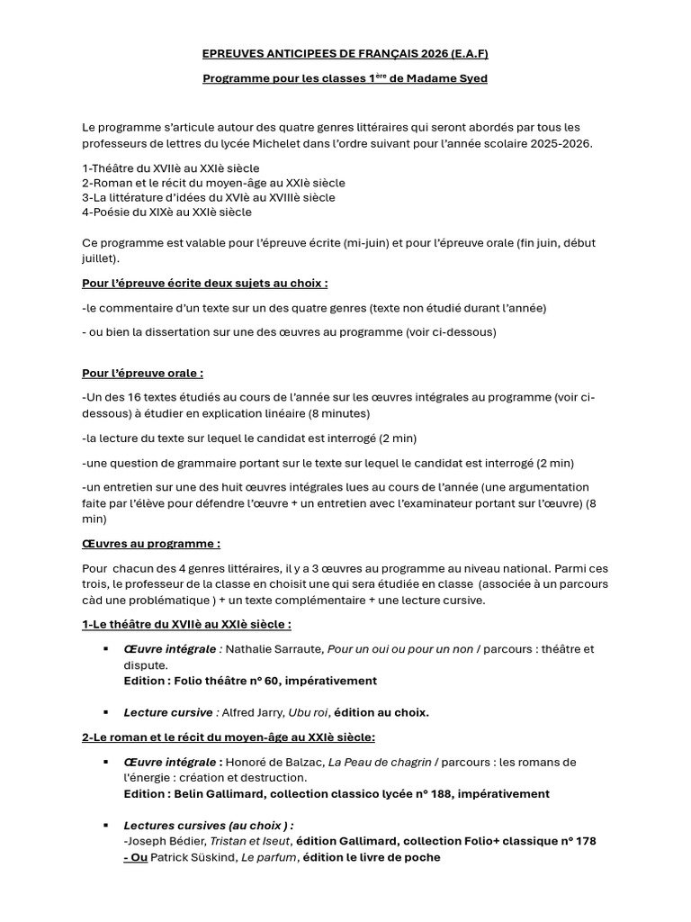 Programme Français Bac 2026 | PDF | Écriture