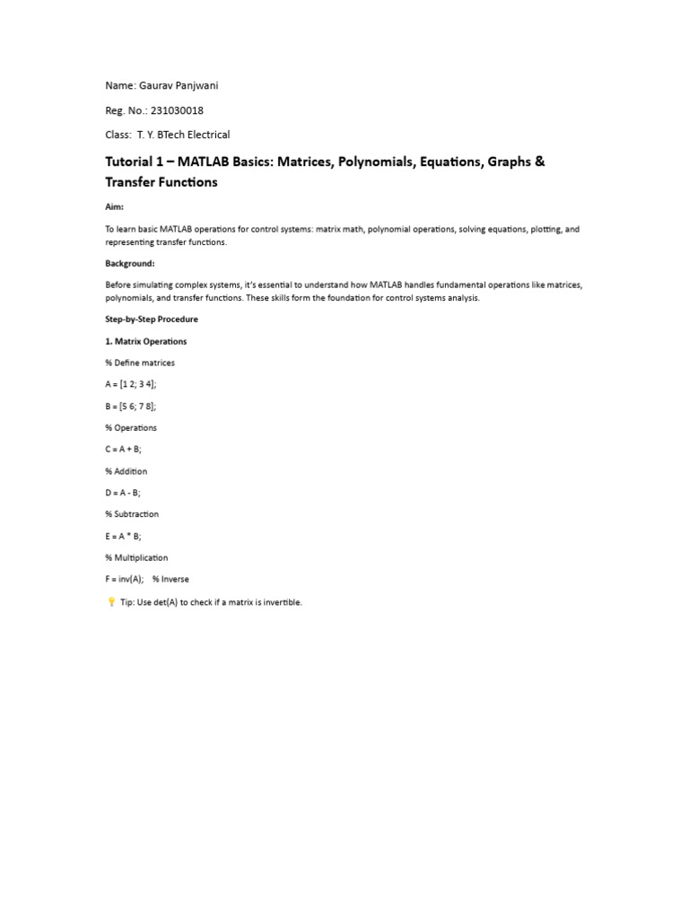 MATLAB Basics for Control Systems | PDF