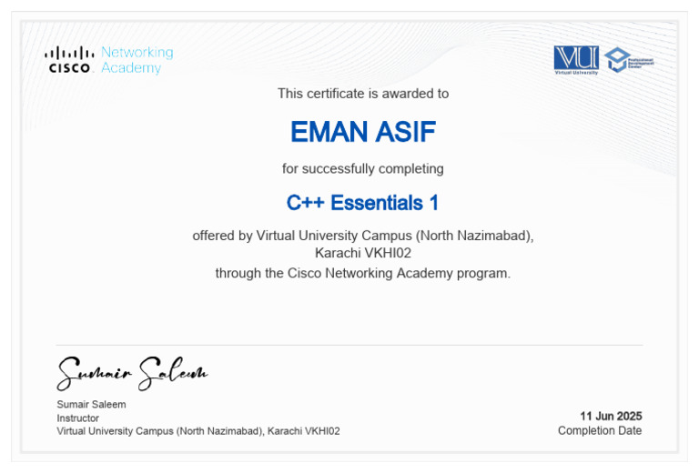 C++ Essentials 1 Completion Certificate | PDF