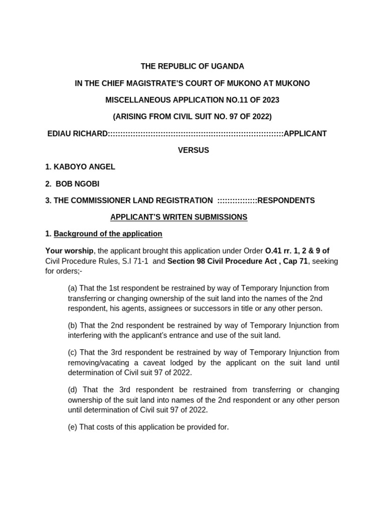 Uganda Court Temporary Injunction Application | PDF | Lawsuit | Injunction