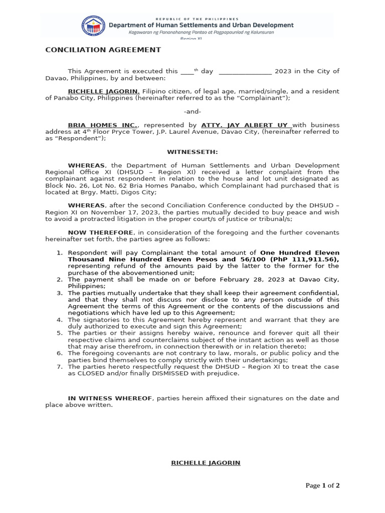 Conciliation Agreement: Bria Homes Case | PDF | Justice | Crime & Violence