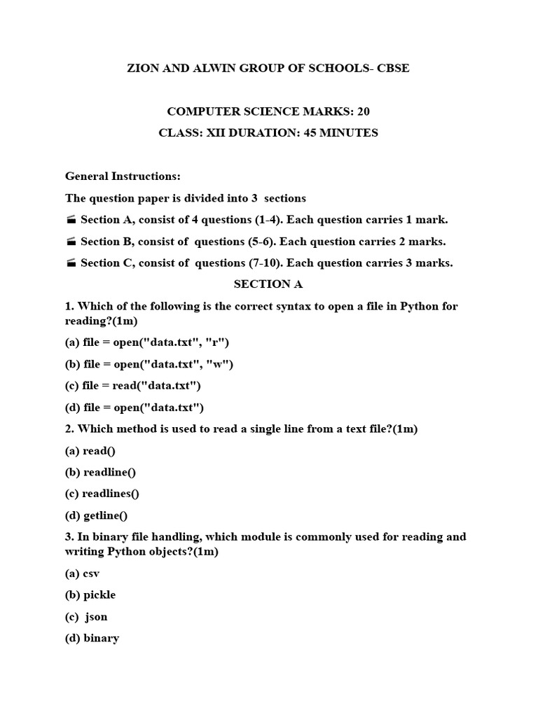 CBSE Class XII Computer Science Exam | PDF | Text File | Comma ...