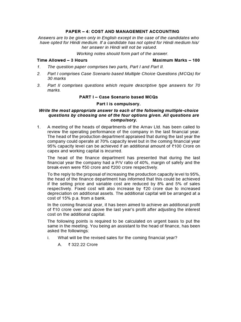 Cost and Management Accounting Test Paper | PDF | Multiple Choice ...