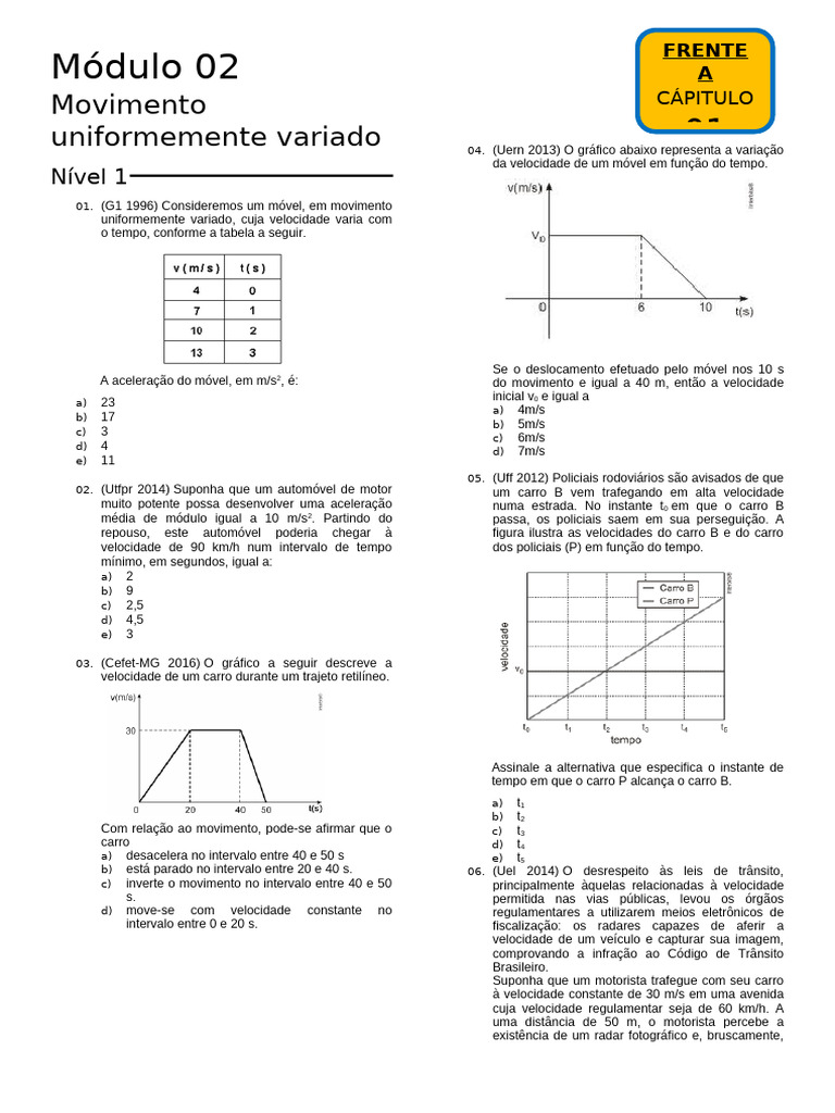 Movimento Uniformemente Variado: Questões e Respostas | PDF | Movimento ...