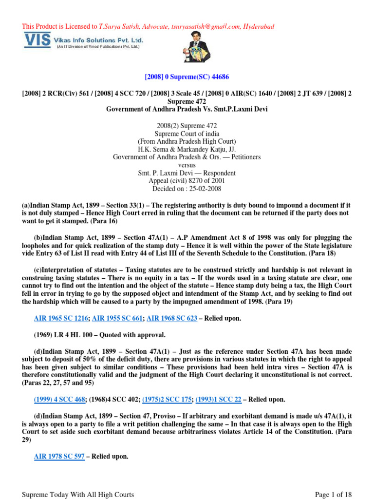 (2008) 0 Supreme (SC) 44686 AP Vs Laxmi Devi Interpretation of Statutes ...