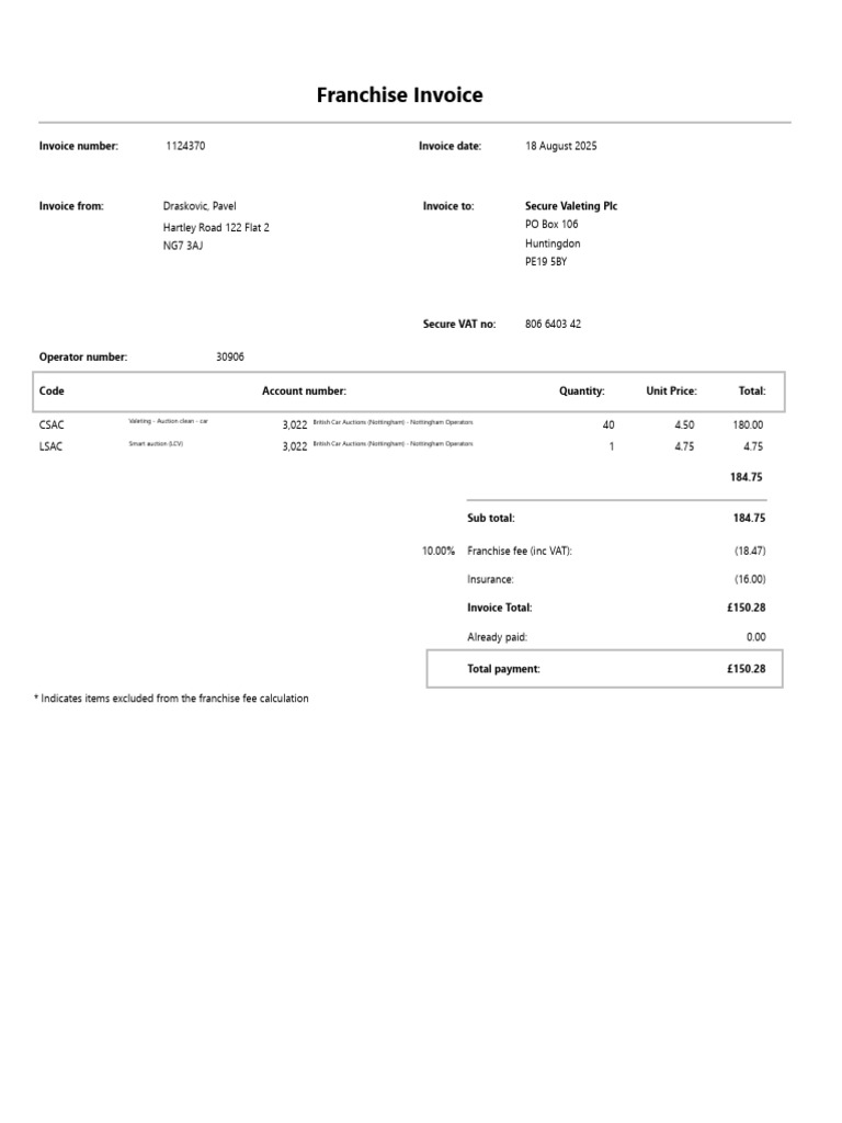Franchise Invoice for Valeting Services | PDF | Invoice | Pricing