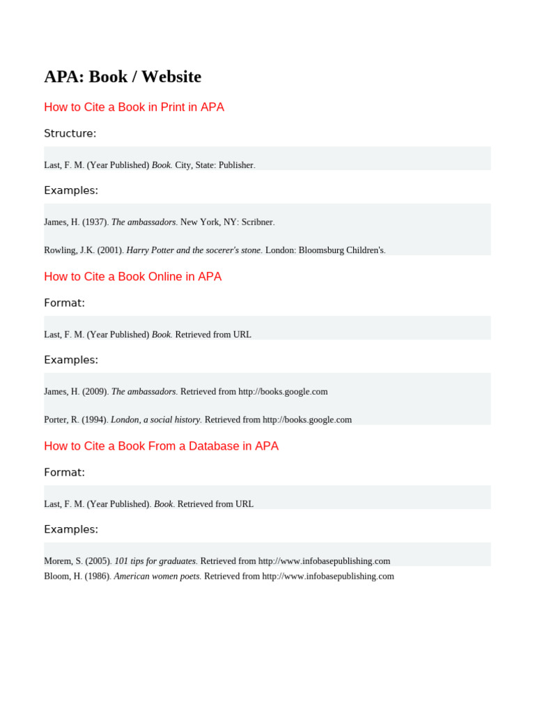 APA Citation Guide for Books and Websites | PDF