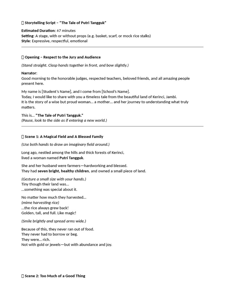 Storytelling Script: Putri Tangguk | PDF
