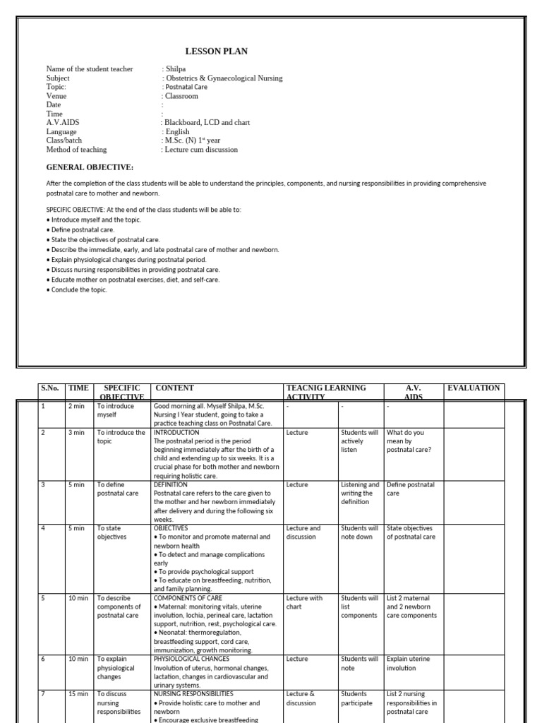 Postnatal Care Lesson Plan for Nursing | PDF | Postpartum Period ...
