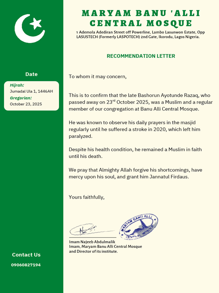 Recommendation Letter for Bashorun Razaq | PDF