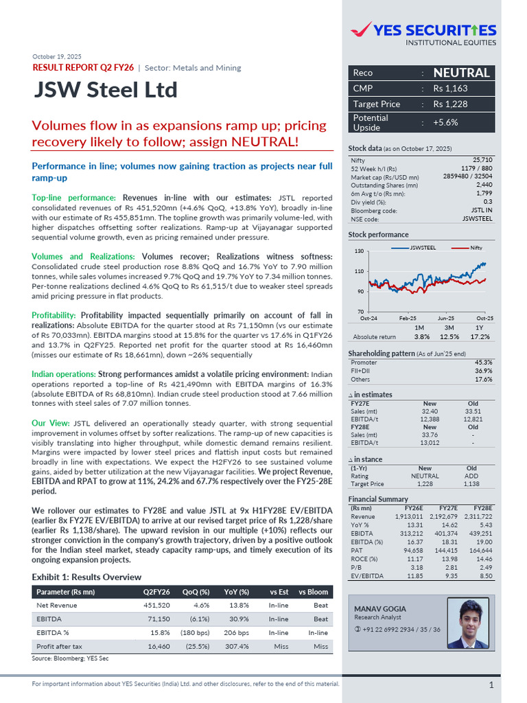 JSW Steel Q2 FY26 Results Overview | PDF | Financial Economics ...