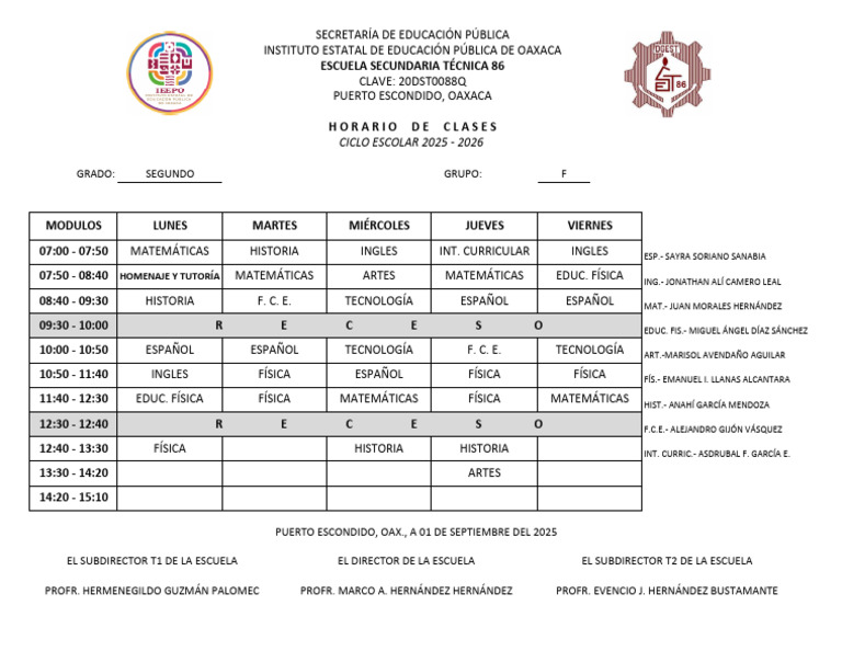 Horario de Clases Escuela Secundaria 2025 | PDF