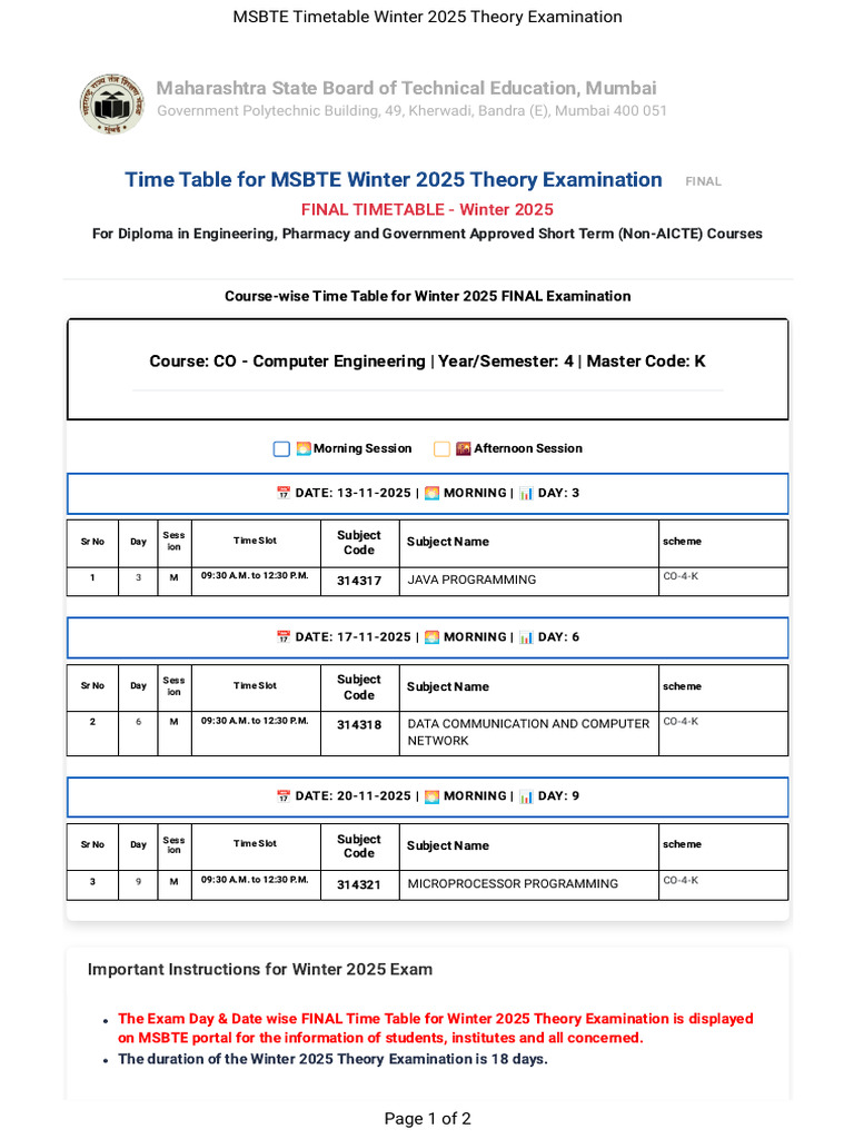 MSBTE Winter 2025 Computer Engineering Timetable | PDF | Educational ...