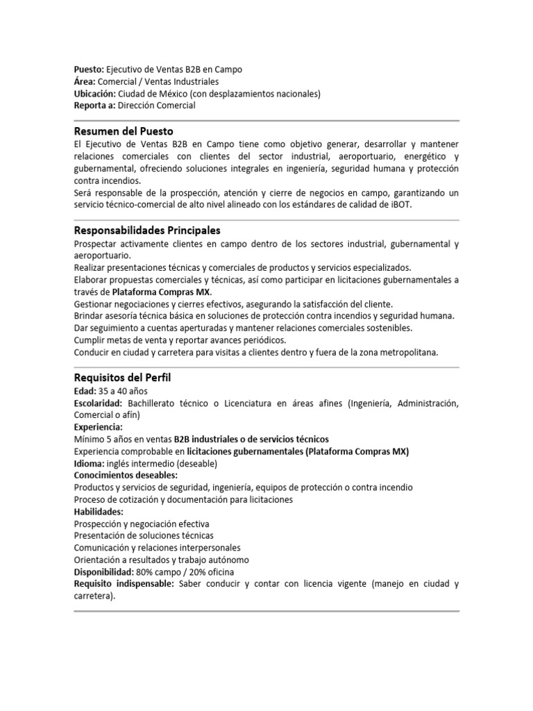 Ejecutivo de Ventas B2B en Campo - iBOT | PDF | Ventas | Economias