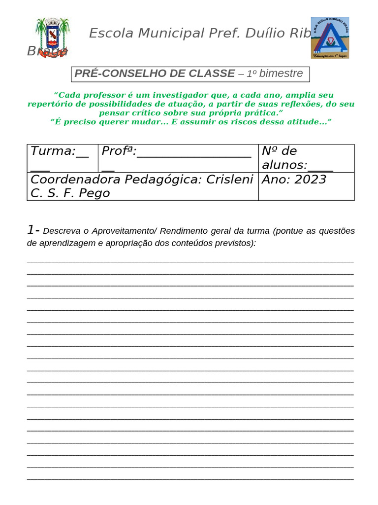 Ficha Pré - Conselho de Classe | PDF | Aprendizado | Modificação ...