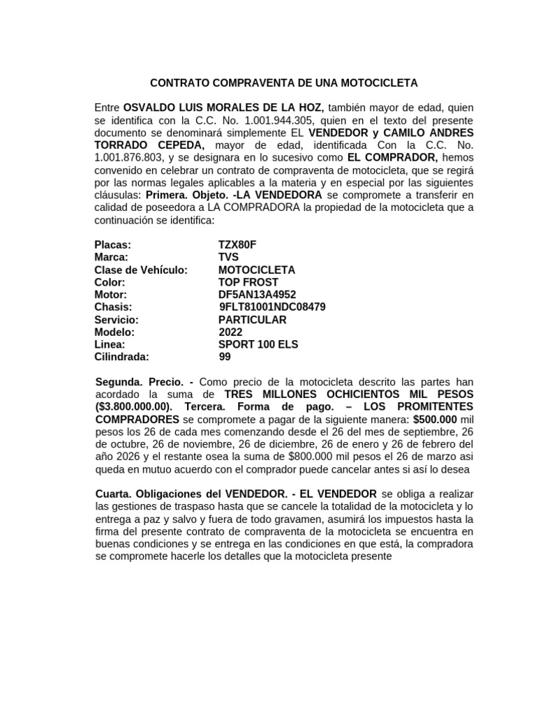 Contrato de Compraventa de Motocicleta | PDF