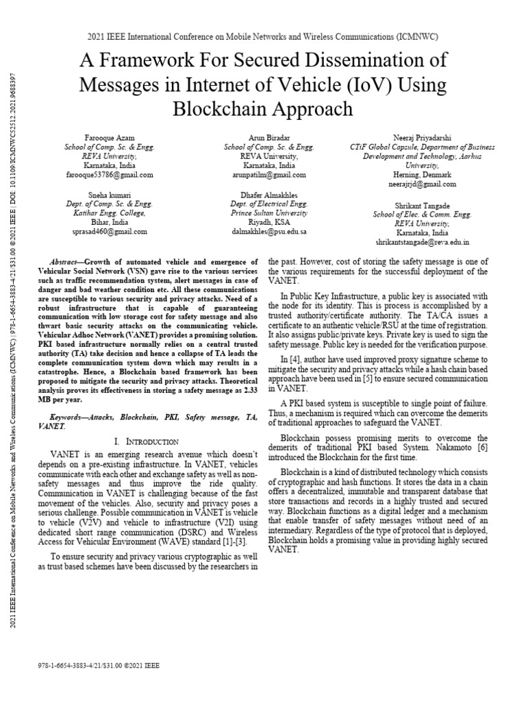 Blockchain for Secure IoV Messaging | PDF | Public Key Cryptography ...