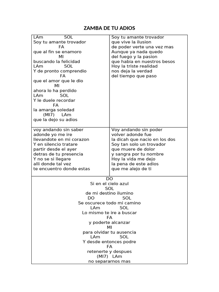 Zamba de tu adiós: letra y acordes | PDF