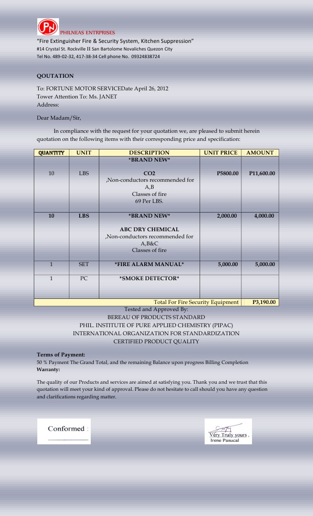 Fire Extinguisher Quotation for Fortune Motor | PDF