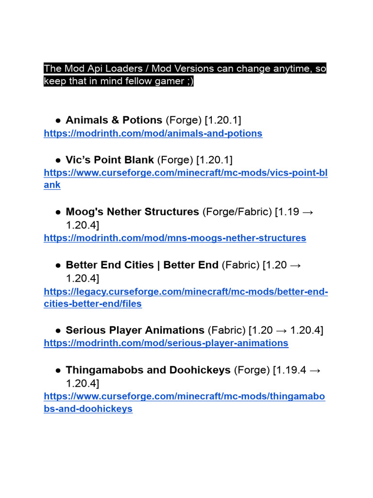 Minecraft Mod List for Versions 1.19-1.20.4 | PDF