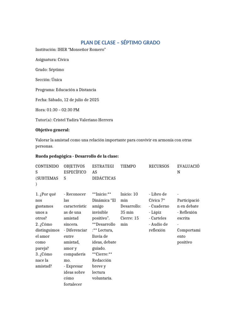 Plan de Clase Semanal IHER | PDF