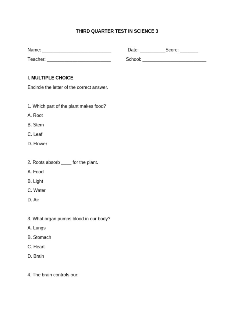 Science 3 Third Quarter Test | PDF | Liquids | Water
