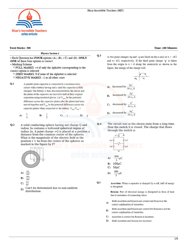 Hisar Incredible Teachers Physics Exam | PDF | Capacitor | Capacitance