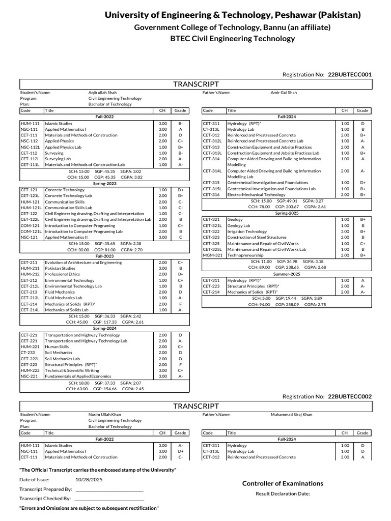 Civil Engineering Technology Transcripts | PDF | Civil Engineering ...