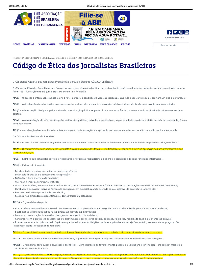 Código de Ética dos Jornalistas Brasileiros | PDF | Jornalismo
