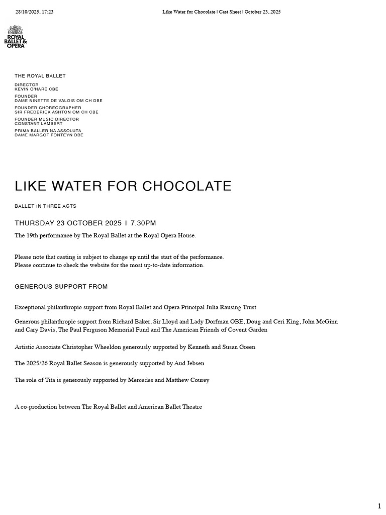 Like Water For Chocolate Cast Sheet October 23, 2025 PDF