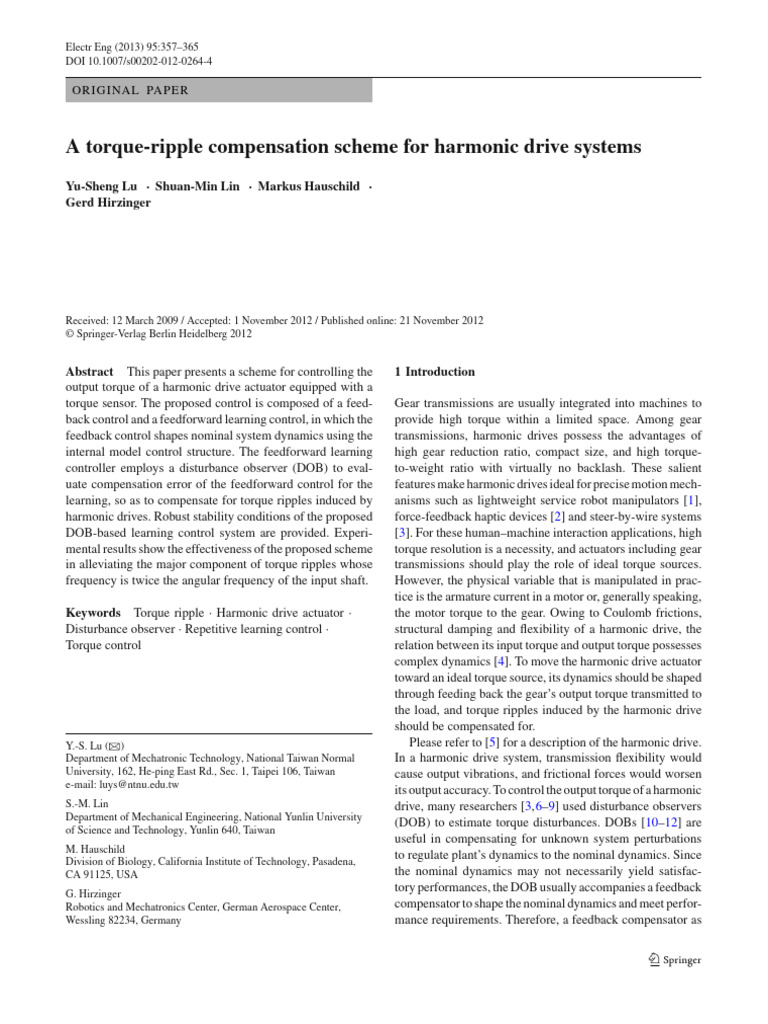 Torque Ripple Control in Harmonic Drives | PDF | Control Theory ...