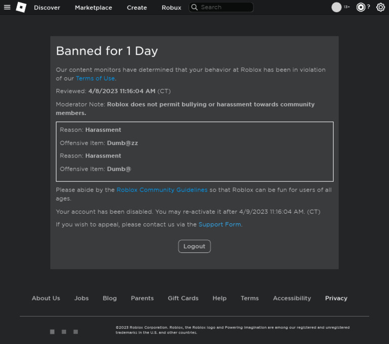 Roblox 1-Day Ban for Harassment | PDF