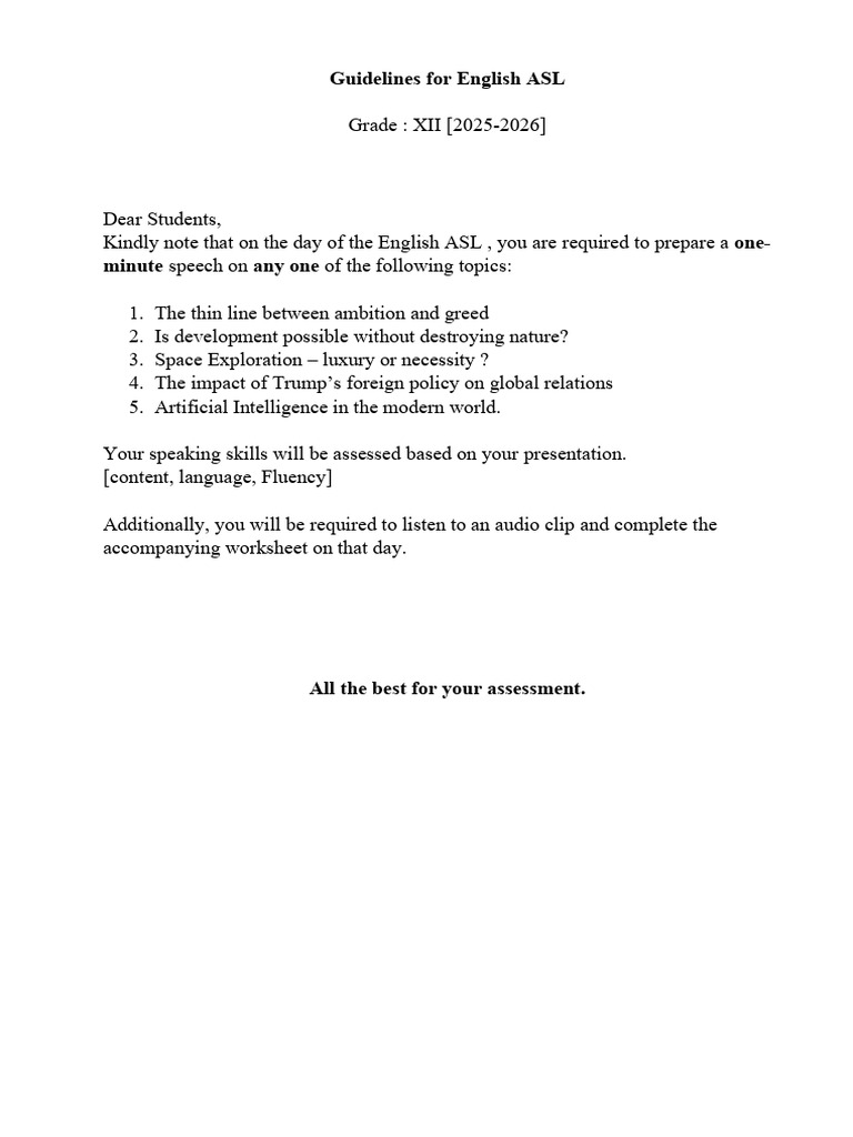 ASL Topics for Class 12 English | PDF