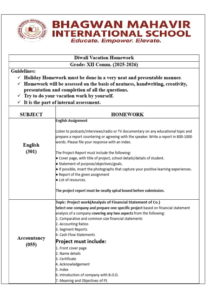 G 12 Comm All Subjects Diwali Holiday Homework Pdf