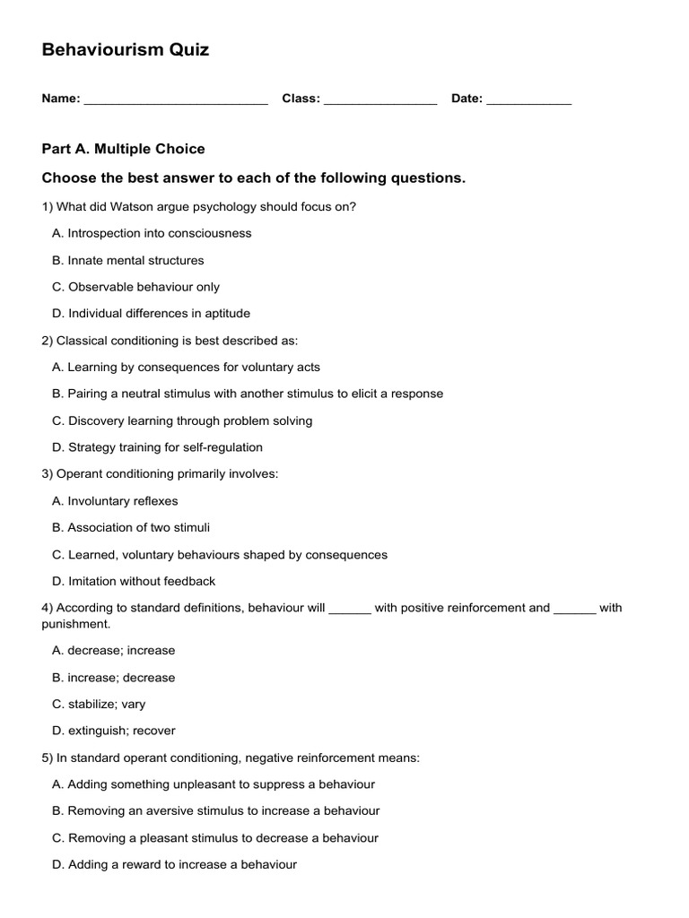 Behaviourism Quiz: Key Concepts and Terms | PDF | Behaviorism | Learning