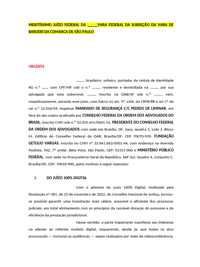 Mandado de Segurança e Liminar OAB | PDF | Mandamus | Advogado