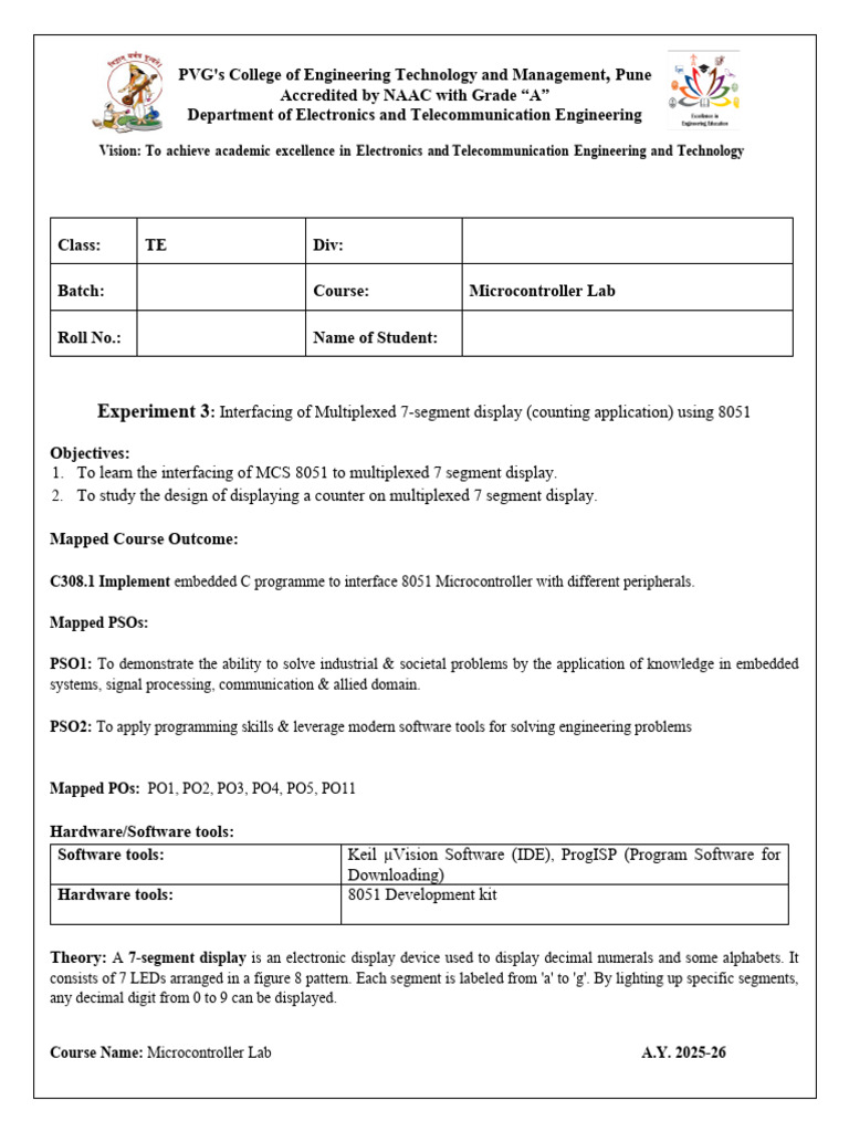 8051 Microcontroller Lab: 7-Segment Display | PDF | Embedded System ...